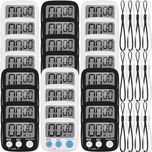 Weewooday 24 Pcs Small Digital Kitchen Timer Magnetic Back and Switch Minute Second Count up Countdown Big LCD Display Loud Alarm for Teacher Cooking Baking (Black,White) - color: Black, White