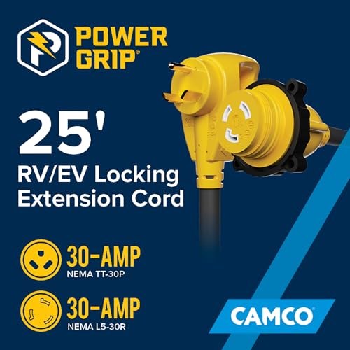 Camco PowerGrip 25-Ft 30 Amp RV Extension Cord w/Locking End - Features NEMA TT-30P Male & Marine-Style L5-30R Locking Female Connectors - Rated for 125V/3,750W - 100% Copper 10-Gauge Wire (55501) | 25-Ft 30a Rv Extension Cord, Nema Tt-30p Male to Marine-