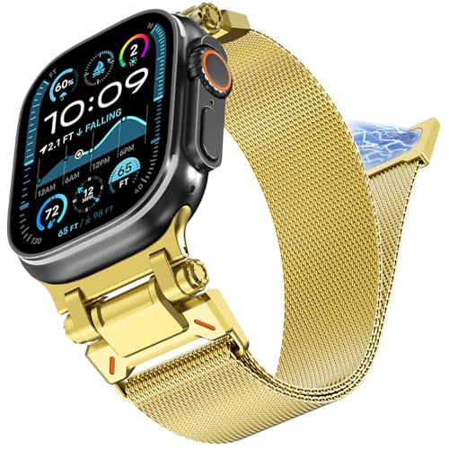 WINGLE Milanese Loop for Apple Watch Band Ultra 3/2/1 Band Ultra 49mm Series 11 10 46mm 45mm 44mm SE 3/2/1 Series 9 8 7 6 5 4 3 Men Women,Parachute-Style Buckle Stainless Steel Mesh Metal iWatch Bands - color: Magnetic Metal Mesh Loop-Gold