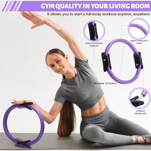 RoundFunny Pilates Ring Circle Set 18 Pcs Exercise Equipment Accessories for Women Workouts Pilates Ball Stretching Strap Magic Circle Yoga Ring Gym Back Bag Resistance Band Anti Slip Socks - color: Purple