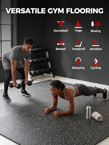 0.56" Rubber Top Gym Flooring, 24 Tiles 96 Sq Ft Heavy Duty Interlocking Gym Mats for Home Gym, Non-Slip High Density EVA Foam Workout Mat, Protect Floors from Weights, 24x24in, Black/White - color: Black/White, size: 24 Tiles (96 Sq Ft )