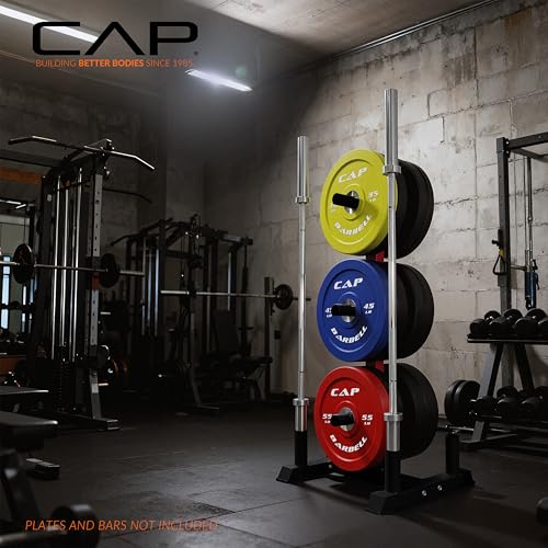 CAP Barbell Olympic Bumper Plate Tree Rack with Weight Plate Posts and Barbell Storage Holders – Multiple Options – Heavy-Duty Steel Gym Organizer for Olympic Plates and Bars