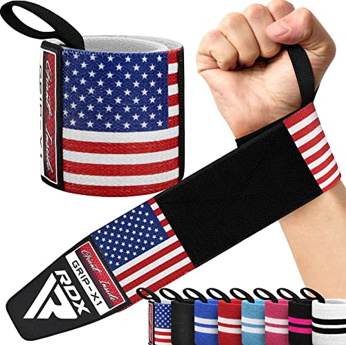 RDX Wrist Wraps for Weightlifting (Pair), IPL USPA Approved, Elasticated 18” Cotton Straps Support with Thumb Loop, Gym Wrap for Weight Lifting Powerlifting Competition Strength Training Bodybuilding - color: USA Flag