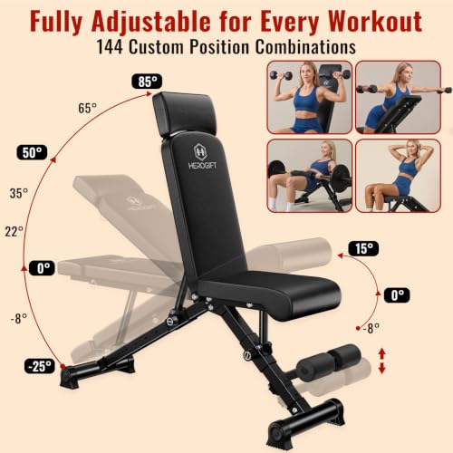 HEROGIFT Adjustable Weight Bench, 144 Configurations with 3-Position Headrest, Foldable Workout Bench with Extended Backrest, 600 LB Capacity for Home Gym Full Body Strength Training