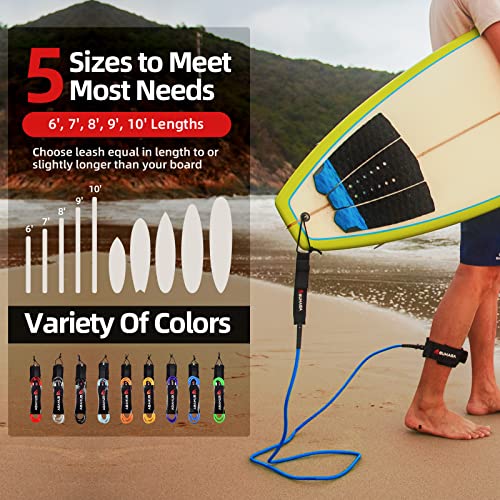 Abahub Surfboard Leash, 6/7/8/9/10 ft Straight Legrope Strap for Boards | Premium Surf Leash,Shortboard,Longboard,Durable,Tangle Free,Anti-Slip - color: Blue, size: 10ft & 7mm