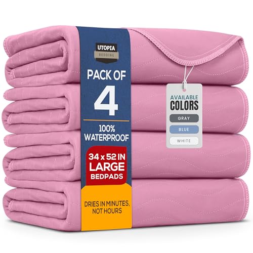 Utopia Bedding Washable Underpads 34" x 52" (Pack of 4), Waterproof Reusable Heavy Absorbency Incontinence Bed Pads for Adults, Kids, Elderly and Pets, Bedwetting Pads for Sofa and Couch (Pink) - color: Pink, size: 34x52 Inch (Pack of 4)