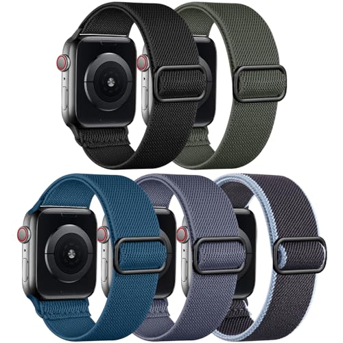 Adorve Stretchy Band Compatible with Apple Watch Bands Ultra 3/2/1 49mm 46mm 45mm 44mm 42mm 41mm 40mm 38mm Men Women, Soft Nylon Elastic Braided Strap Fits for iWatch Series 11/10/9/8/7/6/5/4/3/SE3-1 - color: Black/Dark Army Green/Arctic Blue/Blue Gray/Da