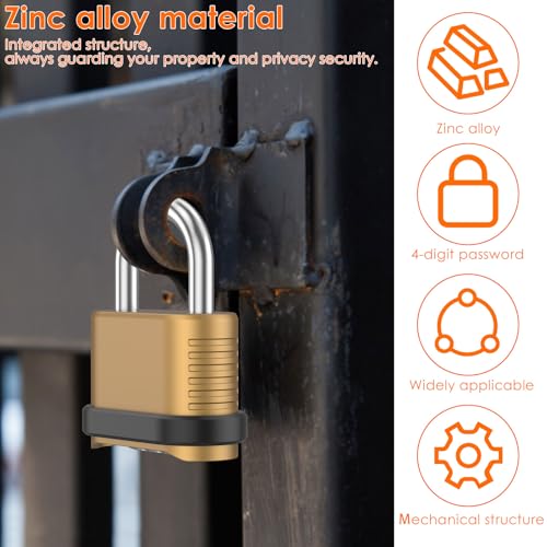 6 Pack Heavy Duty Combination Lock Outdoor, 4-Digit Weatherproof Combo Lock | Resettable Brass Combination Padlock for Gate, Locker, Shed, Garage, Fence, Gym, Storage Unit - color: Gold