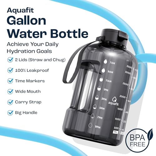 AQUAFIT 1 Gallon Water Bottle with Time Marker | BPA Free 128 oz Water Bottle with Straw and Chug Lids - Leakproof Gym Water Bottle with Carry Handle (Blue) - color: Blue, style: 128 oz - 2 Lids