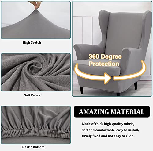 NILUOH Wingback Chair Cover 2-Piece Soft Stretch Wing Chair Slipcover Solid Color Armchair Sofa Couch Cover Furniture Protector with Elastic Bottom for Living Room Bedroom (Light Grey) - color: Light Grey