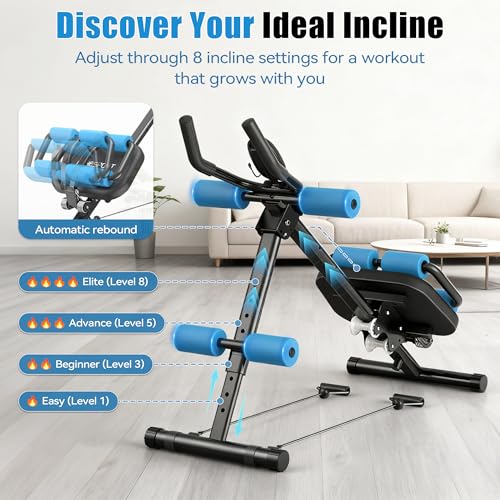 EPHESPORT Multifunctional Ab Machine, Crunch & Sit-Up Core Trainer, Adjustable Ab Trainer with Knee & Back Support, Foldable, Full Body Workout Equipment for Home Gym - color: Blue