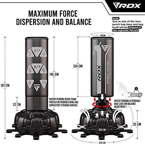 RDX XXL 330LBS Target Freestanding Punching Bag with Cover & Gloves – 72” Adult Heavy Pedestal Punch Bag Set - 17 Suction Cup 8 Extended Legs Stand Base - Kick Boxing MMA Muay Thai Home Gym Fitness - color: SILVER