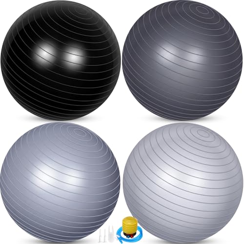 Leyndo 4 Pcs 26 Inch Yoga Exercise Ball Pilates Pregnancy Birthing Fitness Ball with Quick Pump Anti Burst for Improved Posture, Balance, Yoga, Pilates, Training - color: Gray Black Set