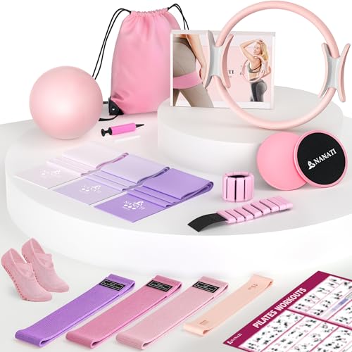 NANATI Pilates Kit, Home Pilates Workout Kit for Women, Pilates Equipment with 14.5" Pilates Ring and Ball, Resistance Bands, Ankle Weights, Sliders & Grip Socks for Home Workouts - color: New Pink