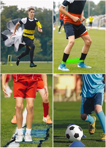 Hands Free Speed Agility Training Equipment Set - 20ft Agility Ladder, 10 Disc Cones, Resistance Parachute, 5 Resistance Bands & Carry Bag | Football Soccer Basketball Fitness Drills - color: Blue