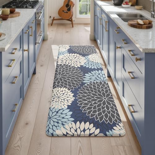 KIMODE Anti Fatigue Kitchen Mats for Floor, Boho Dahlia Floral Kitchen Rugs 24" x 59", Cushioned Mats for Kitchen Floor, Non Slip Kitchen Floor Mats, Sink, Laundry, Office,Blue Multi - color: Multi-blue, size: 59"L x 24"W x 0.5"Th