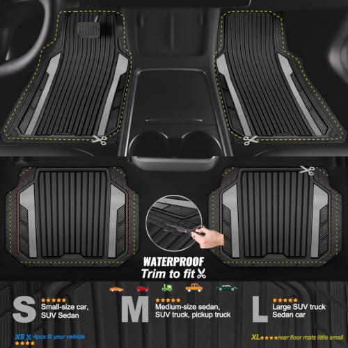 CAR PASS Heavy Duty Rubber Car Mats Metallic, Aluminum Film All Weather Floor Mats Waterproof Universal Trim to Fit Automotive SUV Sedan Van Truck 4 Piece Deep Dish Two-Tone Sporty Black Gray Chrome - color: Black and Gray