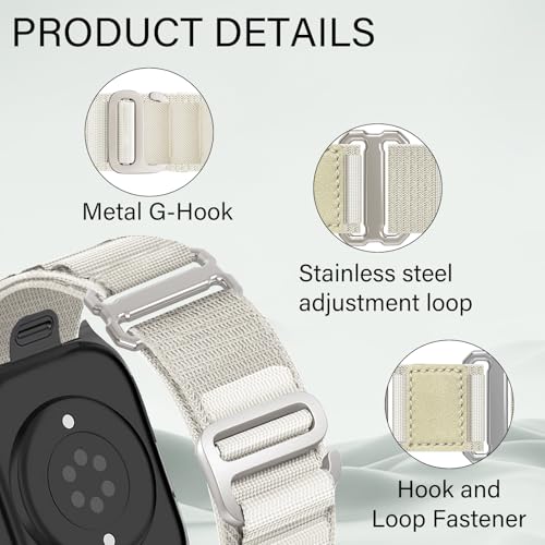 Alpine Loop Nylon Band - Compatible with Apple Watch Ultra 2/Ultra Bands 49mm 45mm 44mm for Men Women, Adjustable with Metal C Hook Strap for iWatch Ultra 2 iWatch Ultra Series 10 46mm SE/9/8/7/6/5 - color: Alpine/Starlight White Titanium