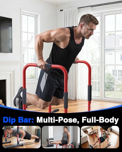 2-in-1 Dip Bar Station - Dip Bars & Push Up Bars Calisthenics Equipment with 420LB Bolt Washer Stable Design Dual Inner Connectors Portable Adjustable for Home Gym Strength Training - color: Red