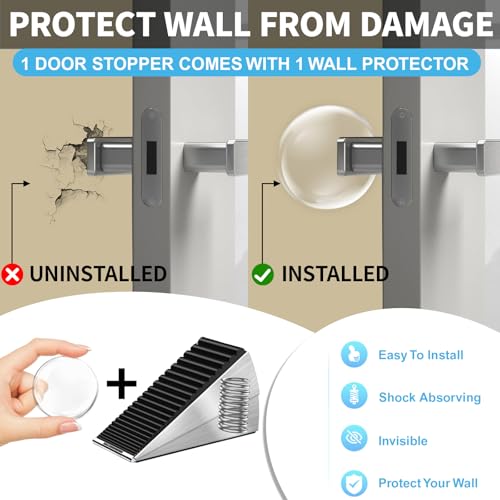 AIMAXINKE Door Stoppers for Bottom of Door- Large Spring Heavy Duty Door Stop Wedge, 3'' High Adjustable Metal Tall Doorstop, Strongest Rubber Grip, Suits Carpet, Tile, Home, School +1 Wall Protector - color: Silver-1pack-Metal
