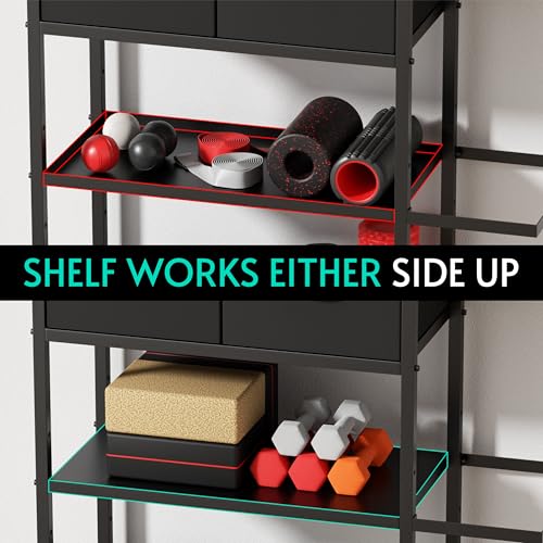 Home Gym Storage Rack, Adjustable 4-Tier with Extra Drawer | Home gym storage rack with 4 adjustable zones, fabric drawer & 150 lb shelves, for dumbbells, mats and workout gears