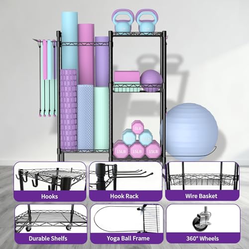 Dumbbell Rack, Home Gym Storage with Locking Wheels & 4 Hooks, 4 Tier Adjustable Workout Equipment Storage for Yoga Mat, Foam Roller, Dumbbell, Kettlebell, Fitness Ball and Resistance Band