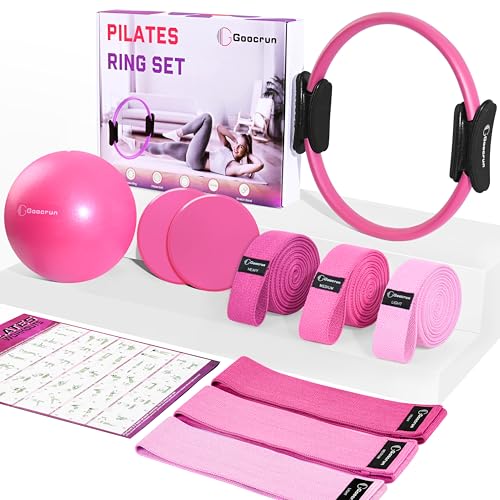 Goocrun Pilates Ring Set Exercise Equipment, with Exercise Resistance Bands Set, Pilates Ball, Sliding Disks. Portable Home Gym - with Fitness Guide Poster - color: Pink, size: Mid-level