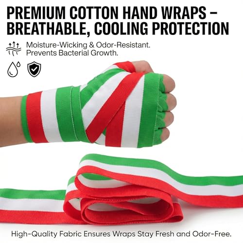 Toichi Hand Wraps for Boxing, Muay Thai, MMA –5M/197 Inches Kickboxing Hand Wraps for Men & Women, Protective Training Wrist Strips for Combat Sports, Martial Arts, Punching Bag Workout - color: Red/White/Green