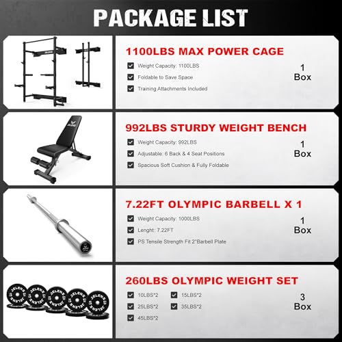 JELENS FS01 Folding Squat Rack, Wall Mounted Power Rack for Home Gym, Space Saving Multi-Functional Power Cage with More Attachments - color: Black, size: 260LB Black Weights Package