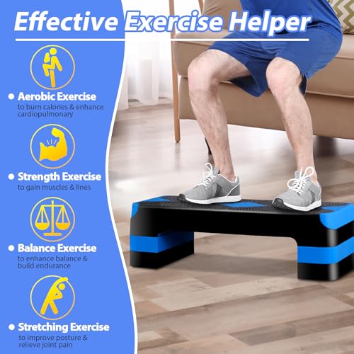 JupiterForce 26.5" Height Adjustable Step Aerobic Platform with 4 Risers, Exercise Workout Stepper for Home Training, Gym Fitness, 4''- 6'' - 8'', 400 lbs Capacity - color: Blue