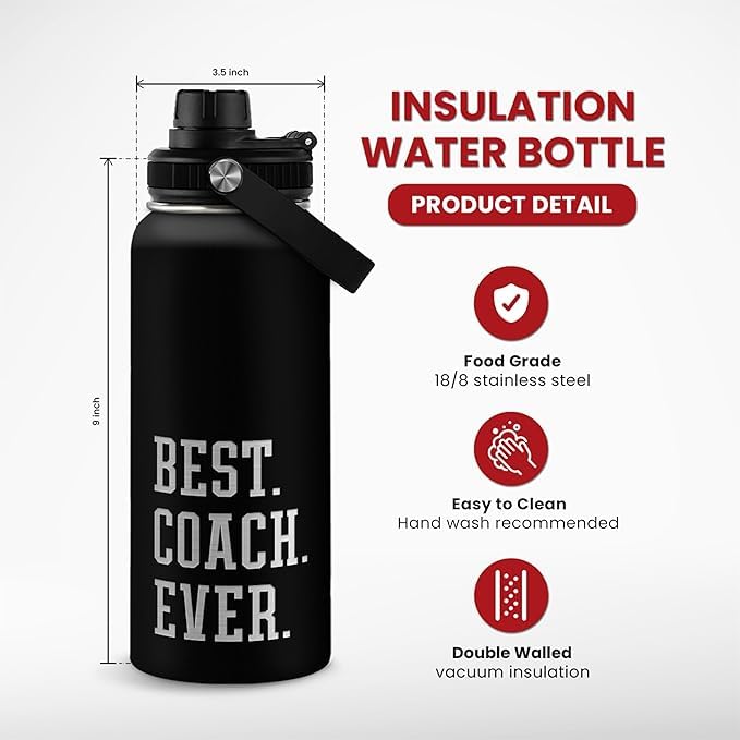 SANDJEST Sport Coach Insulated Engraved Stainless Steel Water Bottle 32oz, Best Coach Ever, Vacuum Chug Lid Travel Tumbler For Men Friends Coaches, Birthday Christmas - color: Coach