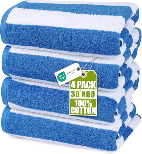 Utopia Towels Pack of 4 Cabana Beach Towels, Oversized 30 x 60 Inches Cotton Beach Towel Set, Smooth Ring Spun Texture for Pool and Swim Days, Modern Striped Design Bath Towels, Blue - color: Blue, size: 30 x 60 - 4 Pack