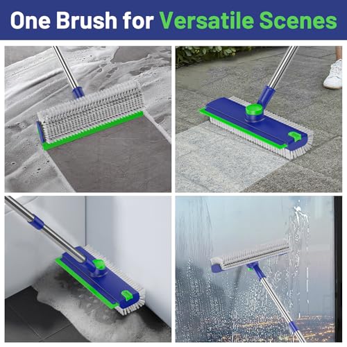3 in 1 Floor Scrub Brush with Long Handle & Squeegee | Heavy-Duty, Adjustable, 360° Rotating Head for Cleaning Tile Bathroom Deck Kitchen Patio, Blue - color: Blue