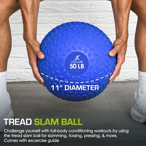 ProsourceFit Slam Medicine Balls 5, 10, 15, 20, 25, 30, 50lbs Smooth and Tread Textured Grip Dead Weight Balls for Strength and Conditioning Exercises, Cardio and Core Workouts - color: Blue, size: 50 LB
