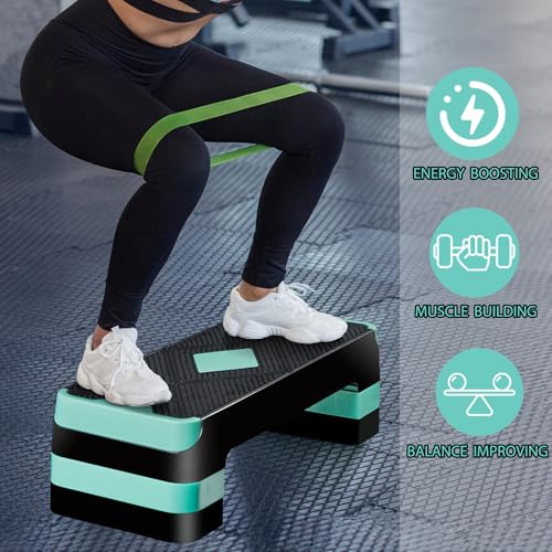 JupiterForce 26.5" Height Adjustable Step Aerobic Platform with 4 Risers, Exercise Workout Stepper for Home Training, Gym Fitness, 4''- 6'' - 8'', 400 lbs Capacity - color: Green