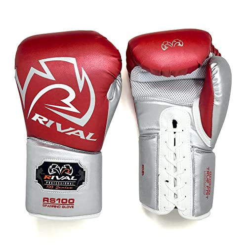 RIVAL Boxing RS100 Professional Lace-Up Sparring Gloves, Handcrafted with Super-Rich Microfiber PU, Ergonomically Designed to Perfectly Fit Your Hand - color: Red/Silver, size: 18 oz.