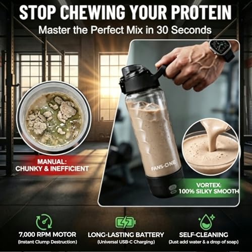 FANS-ONE Electric Protein Shaker Bottle – No Clumps, Smooth Every Time |USB-C Rechargeable Vortex Mixer | Leakproof Double-Lock Lid| 24oz BPA-Free Tritan| Blender For Protein Shakes & Meal Replacement