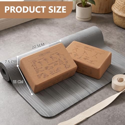 2pcs Cork Blocks, 43 Poses, Non-Slip, Stable Support | Premium Cork, Multifunctional, for Yoga Beginners Meditation Fitness Stretching, Ideal Gift