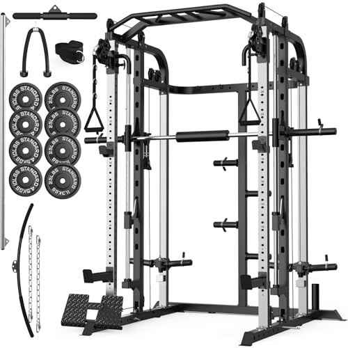 Smith Machine, Multifunctional Power Cage Rack with Smith Bar and Cable Pulley System, and LAT Pull Down Machine for Home Gym… - style: Power Cage with 140 Lbs Plates
