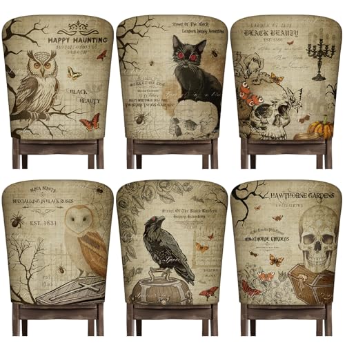 Moukeren 6 Pcs Gothic Chair Cover Set Gothic Halloween Decor Stretch Dining Chair Back Covers Skeleton Black Cat Bat Owl Seat Covers Horror Home Farmhouse Dining Seat Protector for Kitchen Decor - style: Gothic