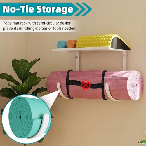 Yoga Mat Holder Wall Mount, No-Tie Mat Storage, Exercise Mat Storage Rack with Top Floating Shelf, Holding Yoga Blocks/Rollers and Pilates Mat, Workout Mat, Home Gym Equipment Accessories - color: 2-Tiers（with Floating Shelf）