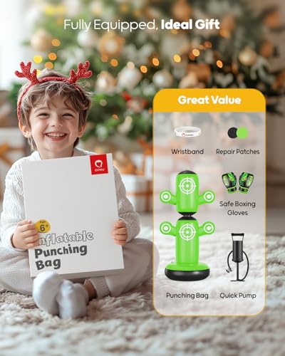 QPAU 360° Rotatable Punching Bag for Kids, Lager 64” Kids Punching Bag with Gloves, Hand Pump & 6 Targets, Bop Bag Inflatable Punching Toy, Karate Gifts for Boys, Girls - color: Green