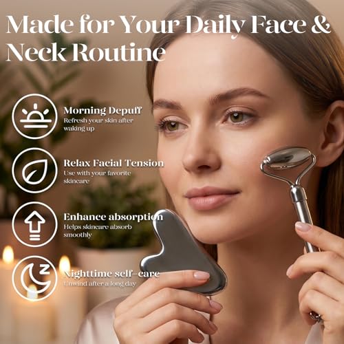 BAIMEI Stainless Steel Gua Sha & Face Roller Set, Facial Massage Tool for Face, Neck and Body, Cooling Metal Skin Care Tools for Depuffing Routine, Self Care Gift for Women - color: Grey