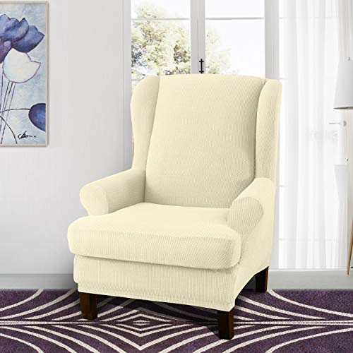 Granbest Premium Water Repellent Wingback Chair Cover 2-Piece High Stretch Jacquard Fabric Wing Back Chair Slipcovers (Wing Chair Cover,Beige) - color: Beige