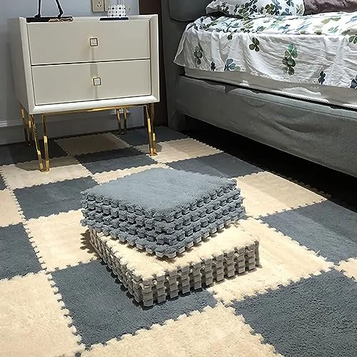 10pcs Plush Puzzle Foam Floor Mat, Soft Fluffy Interlocking Square Foam Tiles Area Rugs Carpet for Parlor Bedroom Decoration(11.8x11.8in, Grey & Light Brown) - color: Grey & Light Brown