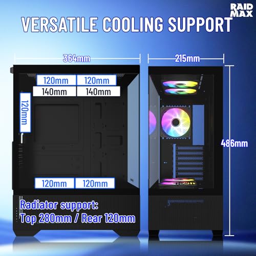 Raidmax i802 Vibe Series ATX Mid Tower Gaming Case Bundle – Tempered Glass Side Panel, Includes 700W 80+ Power Supply, AM1204 Digital Display Air Cooler, and 5 Pre-Installed FRGB Fans (Black) - color: Black