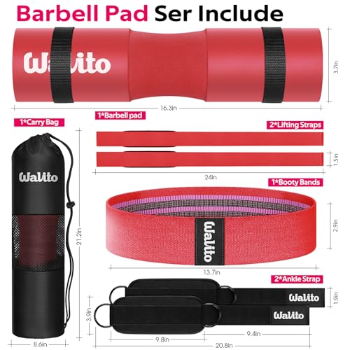 WALITO 8Pcs Barbell Pad Set for Hip Thrust - Squat Pad,Gym Accessories for Women with Bar Bad,Bench Press, with Gym Ankle Straps,Resistance Bands for Working Out,Lifting Strap,Carry Bag - color: Red