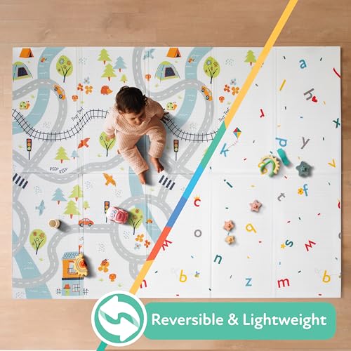 Nuby Reversible Baby Floor Mat | Infant Play Mat, Foldable and Lightweight Foam, 77" x 58", Easy Storage and Travel, Car Tracks/Alphabet - style: Car Tracks