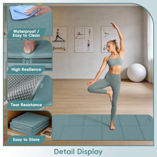 PAIDU Foldable Yoga Mat, 70"x24"x0.31" TPE Non-Slip Mat with Bag | Double‑sided non‑slip, 8mm thick TPE, foldable for travel, ideal for yoga/pilates/fitness/home/outdoor workouts - color: Dark green + Grey