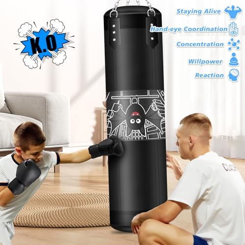 Kids Punching Bag Set, 2.75ft Filled Heavy Bag Kickboxing Bag with 2KG Sponge & 6oz Gloves, Hanging Boxing Bag for Kids Youth Boxing, MMA, Muay Thai, Karate, Martial Art, Home Gym Training - style: Bats